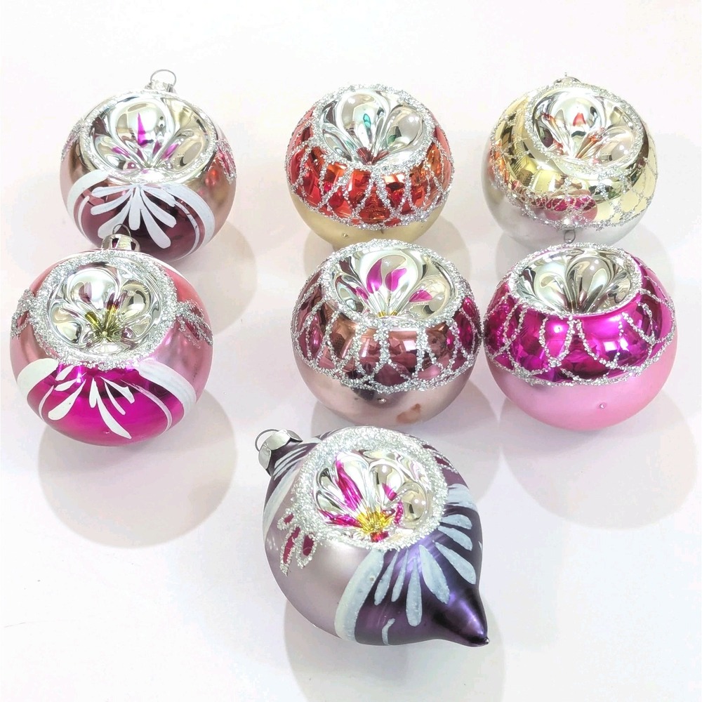 Vtg Bradford Indent Reflector Glitter Glass Christmas Ornament Lot of 7 Mexico